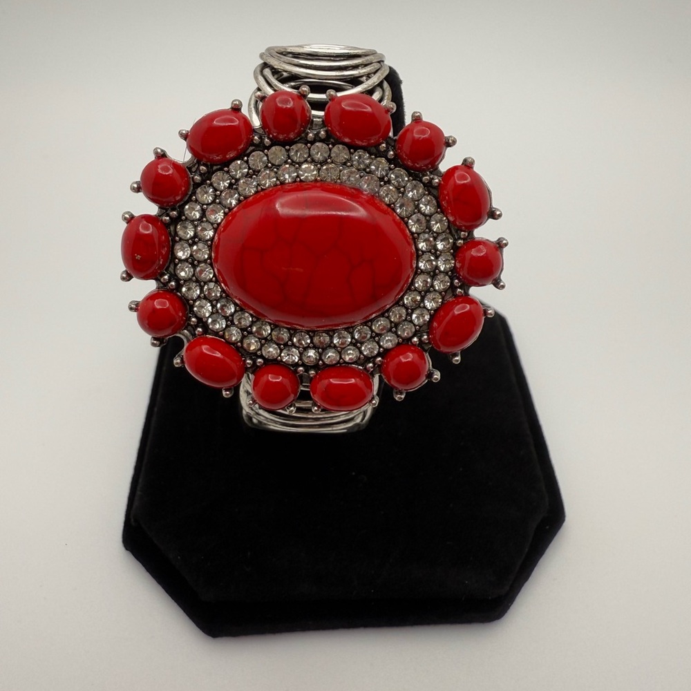 Red Stone Silver Bracelet Clasp Band Will Fit All Sizes